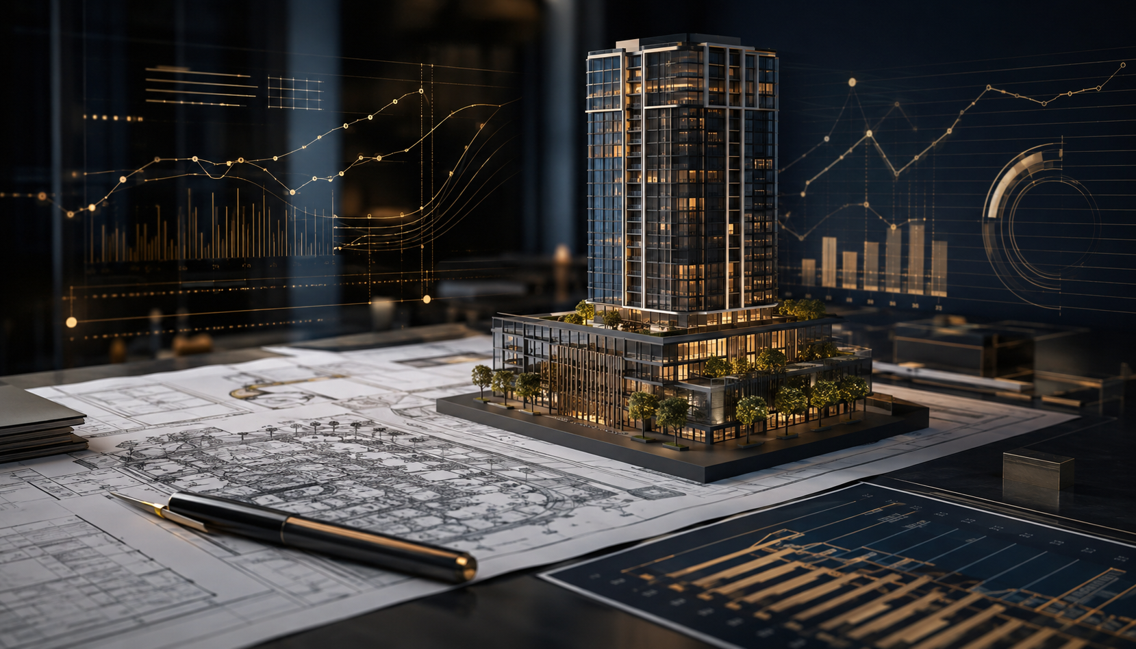 Modelo de edificio urbano sobre planos con gráficos financieros de flujo de fondos